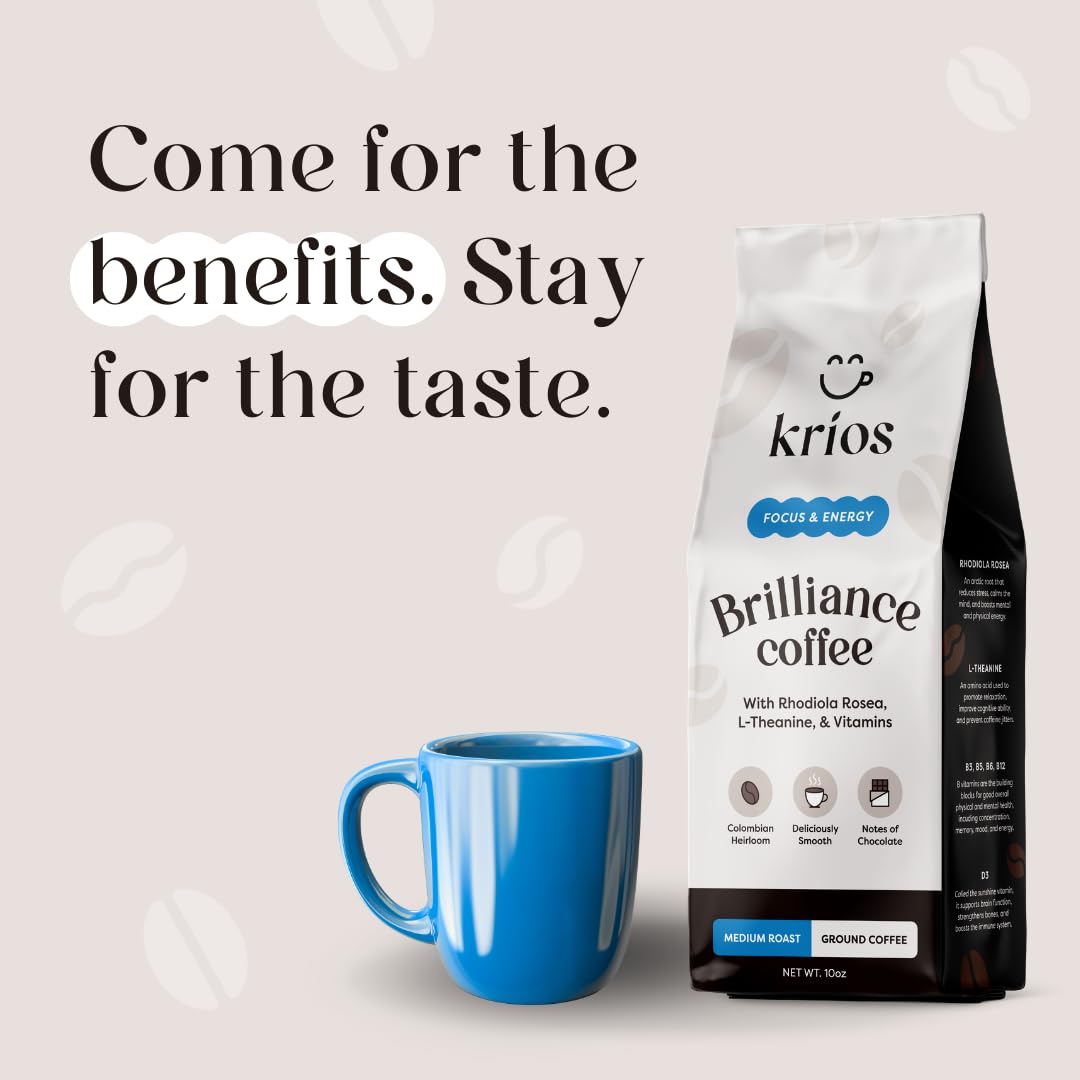 Krios Coffee Brilliance Ground Coffee, Enhance Energy & Focus with Essential Vitamins, L-Theanine & Rhodiola Rosea, Medium Roast, Smooth, 10 oz bag