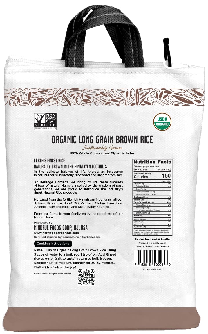 Heritage Gardens Organic Long Grain Brown Rice 32 oz (2 lb) - Whole Grain, Non-GMO, Gluten Free, Low-Arsenic, High Fiber - Himalayan Grown Everyday Brown Rice