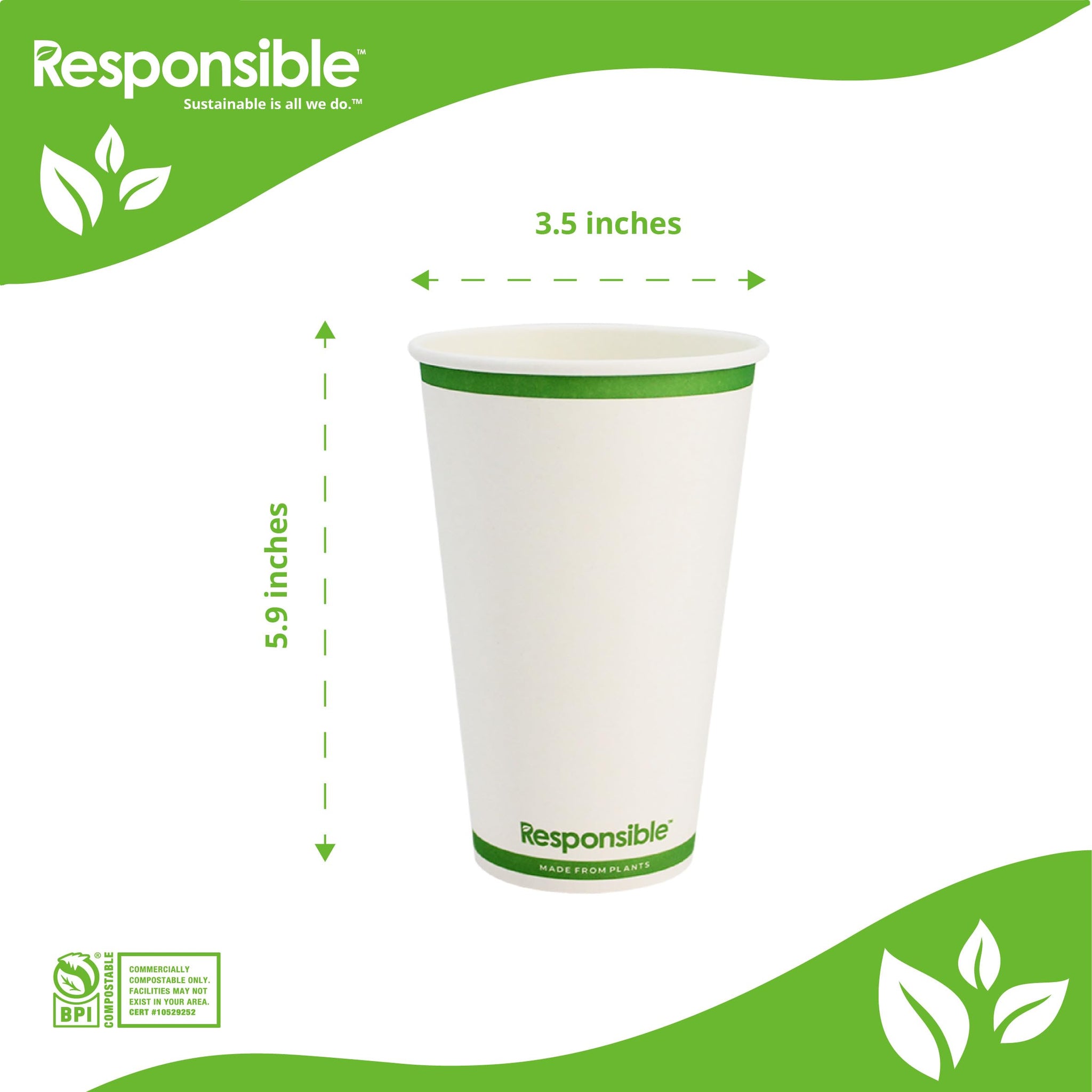 Responsible Products Certified Compostable 20 oz Paper Cups, Cold ? Hot Coffee Cups, Disposable Paper Cups, Extra Strength Disposable Cups, Made