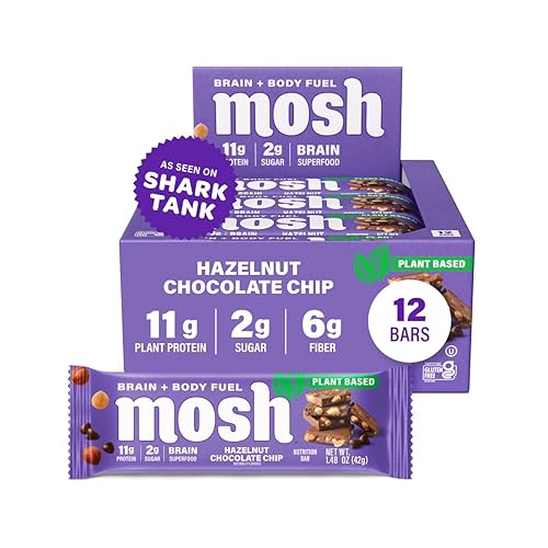 MOSH Hazelnut Chocolate Chip Vegan Protein Bars, Plant Based, Keto, Gluten Free, Brain Healthy Snack with Cognizin, Ashwagandha and Lion's Mane, 12