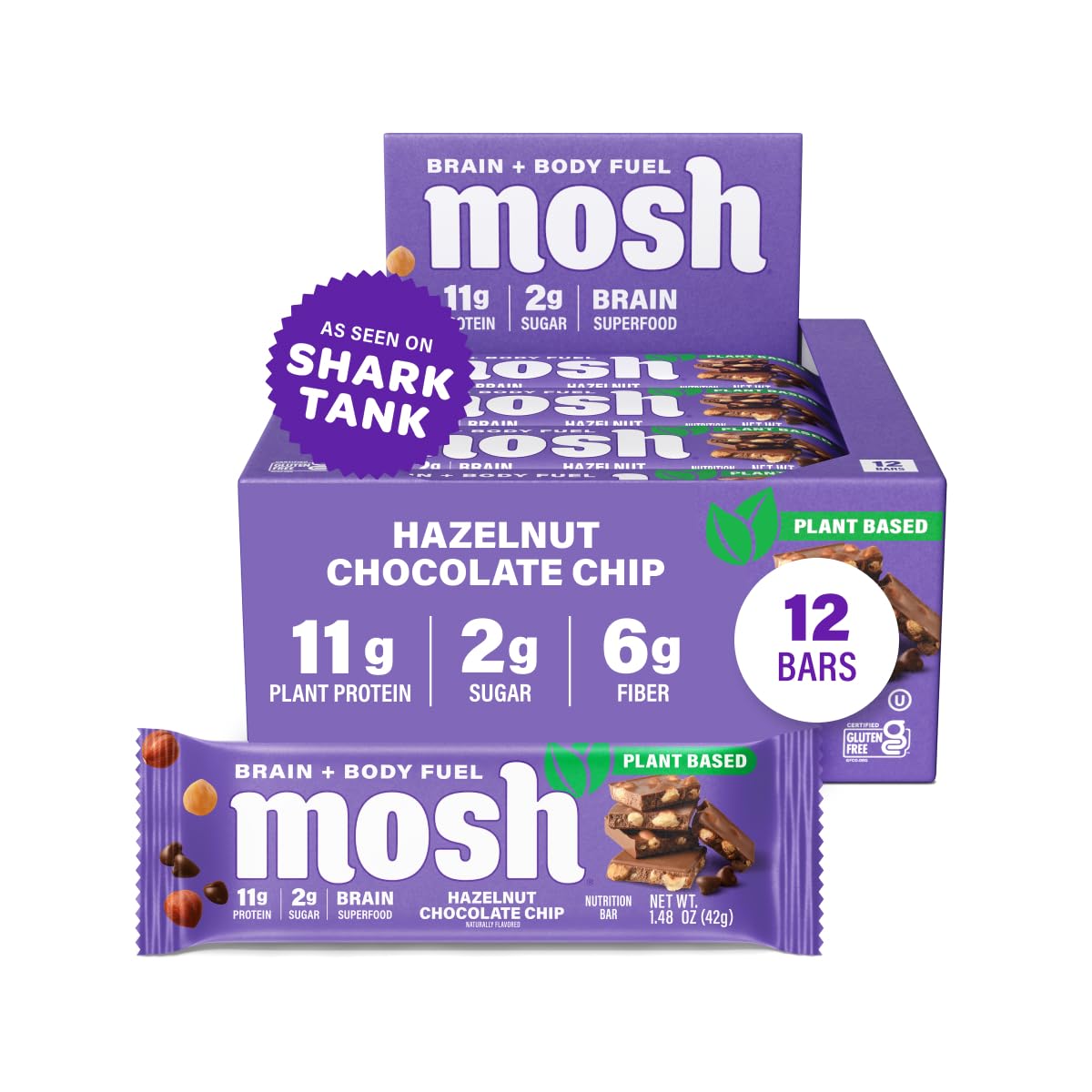 MOSH Hazelnut Chocolate Chip Vegan Protein Bars, Plant Based, Keto, Gluten Free, Brain Healthy Snack with Cognizin, Ashwagandha and Lion's Mane, 12