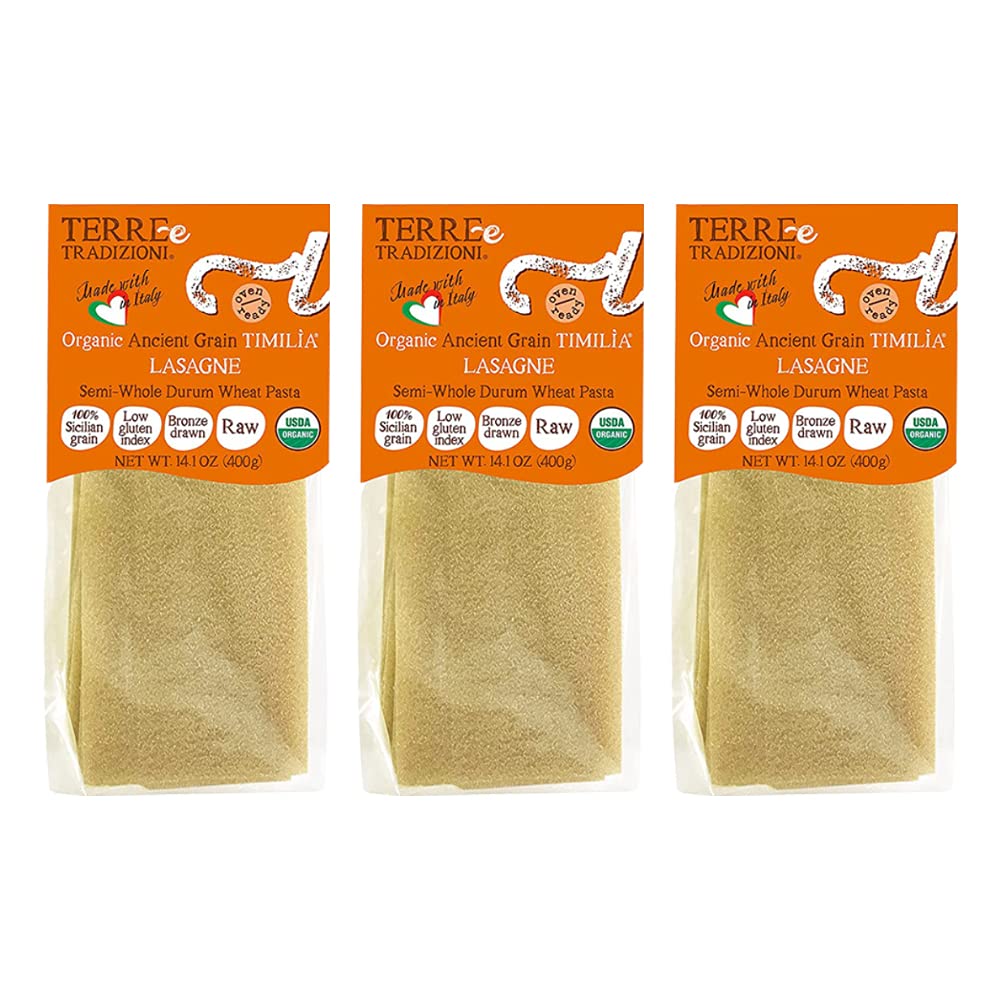 TERRE E TRADIZIONI Organic Italian LASAGNA Pasta Semi- Whole Durum Wheat Semolina Pasta - Italian TIMILIA Organic Ancient Grain LASAGNA Pasta - Vegan
