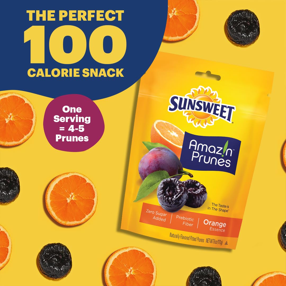 Sunsweet Amazin' Prunes Orange Essence - Prunes Pitted Unsweetened & Dried - Gluten Free, Vegan, Low Fat - Fiber & Minerals - 6 oz pouch - 6 Pack