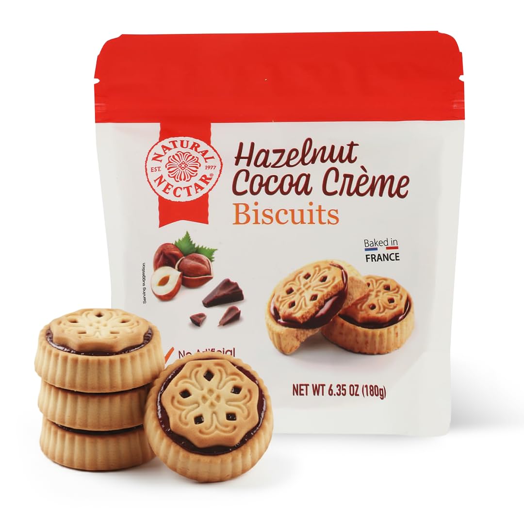 Natural Nectar Hazelnut Cocoa Crème Biscuits 6.35 oz - Sandwich Biscuits Filled with Smooth Hazelnut Cocoa Cream; Snack Cookies for Coffee Breaks