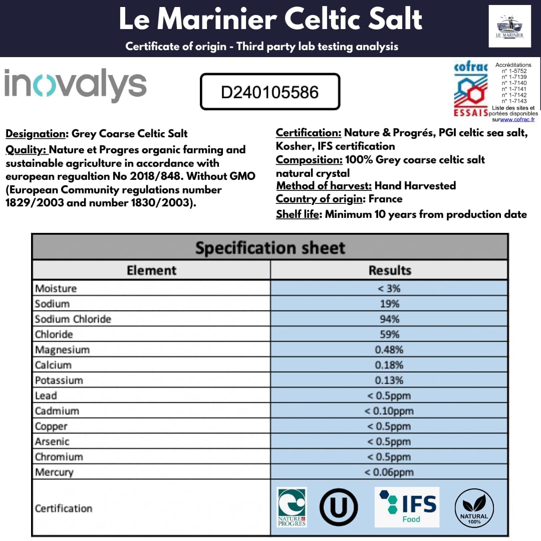 Le Marinier Celtic Salt Organic Grey Coarse, 1.1lb - 18oz. Mineral Rich 100% Natural and Unrefined French Sea Salt Organic. Hand Harvested Mineral Sea