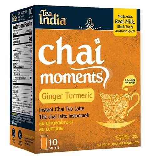 Tea India Chai Moments Ginger Turmeric Chai Tea Instant Latte Mix Flavorful Blend Of Premium Black Tea, Cardamom & Natural Ingredients Traditional