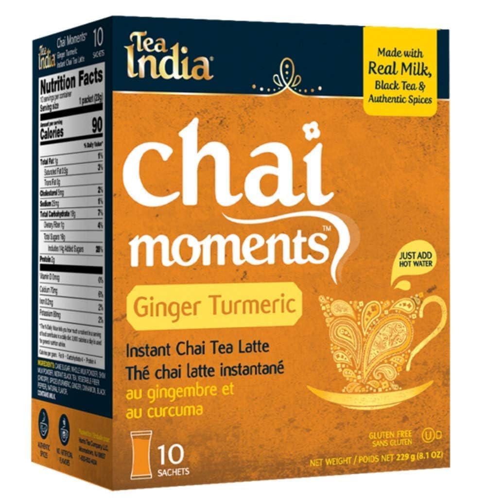 Tea India Chai Moments Ginger Turmeric Chai Tea Instant Latte Mix Flavorful Blend Of Premium Black Tea, Cardamom & Natural Ingredients Traditional