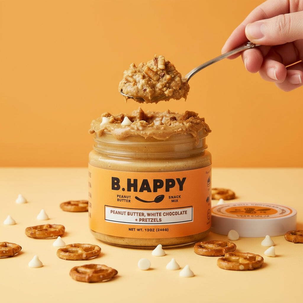 B.HAPPY PEANUT BUTTER DREAM BIG - Honey Roasted Peanut Butter with Creamy White Chocolate Chips & Crunchy Pretzel Pieces, Spoonable Peanut Butter