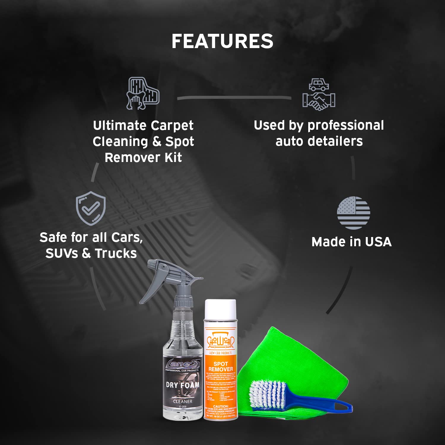 LANE'S Carpet Cleaning & Spot Remover Kit - 32oz Dry Foam, Spot Remover, Carpet Brush, Microfiber Towels, No Water is Needed, Safe and Easy to Use