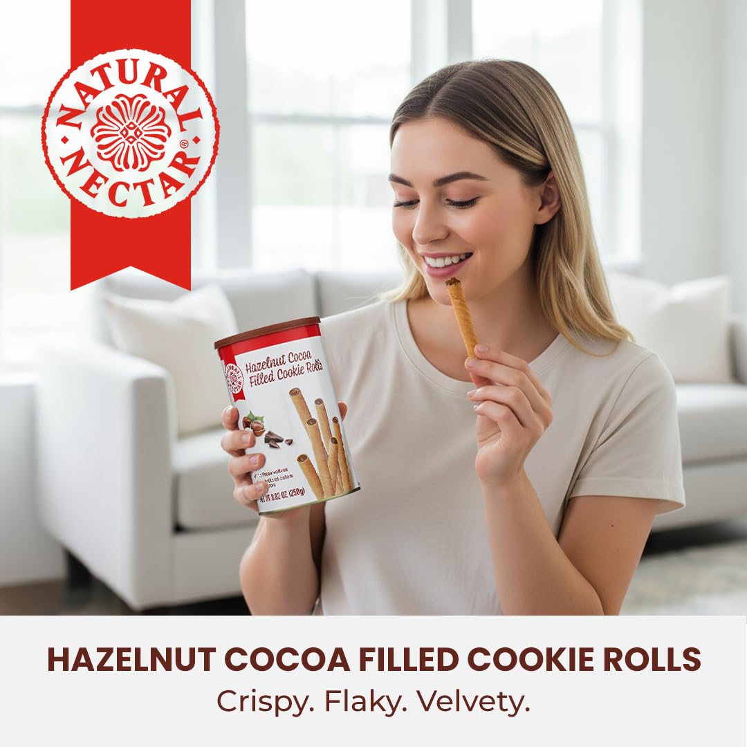 Natural Nectar Chocolate Hazelnut Filled Cookie Rolls 8.82 oz - Delicate Wafer Rolls Filled with Chocolate Hazelnut Crème; Crisp Snack for Parties