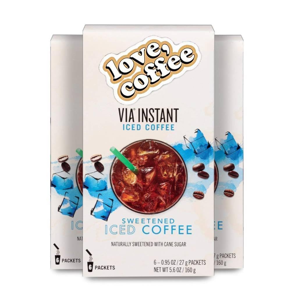 Instant Sweetened VIA Iced Coffee Medium Roast Packets & Exclusive Coffee Vinyl Sticker! (18 Packets Total)