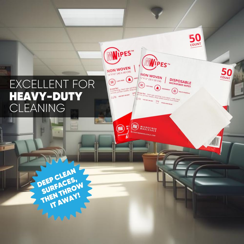 Mwipes Lint Free Cloth - 16" x 16" 50 Pack, Highly Absorbent Disposable Microfiber Cleaning Cloths for Industrial, Staining, Cast Iron, Woodworking