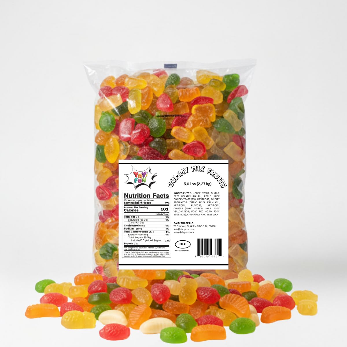Halal Gummy Candy Fruit Mix | 5 Pound Variety Pack | Fruit Shaped Gummies | Assorted Fruit Flavors for Party Favors, Goody Bags, and Kids' Events