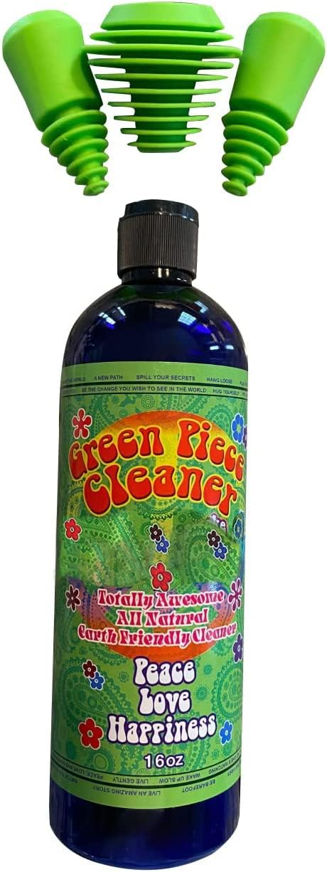 Green Piece® Glass Cleaner 16 oz Bottle with Set of 3 Silicone Plugs (Made in USA) - Excellent for Scent Proofing and Cleaning