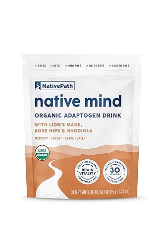NativePath Native Mind Organic Adaptogen Herbal Support Blend - Organic Mushroom Drink Powder with Lion's Mane, Rhodiola & Rose Hips - 30 Servings