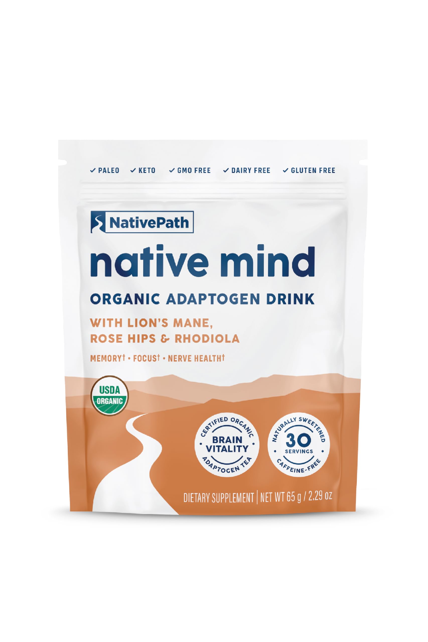 NativePath Native Mind Organic Adaptogen Herbal Support Blend - Organic Mushroom Drink Powder with Lion's Mane, Rhodiola & Rose Hips - 30 Servings