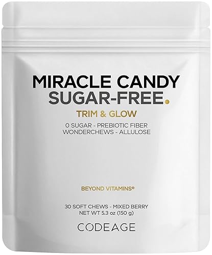 Codeage Miracle Candy Sugar-Free Candies, Mixed Berry Soft Chews - Allulose, Prebiotic Fiber - Low-Calorie Wonderchews - 0g Sugar Soft Chews - 30