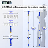 ITTAR Window Squeegee with 2 Sets Stainless Steel Pole, Squeegee Cleaning Tools with Microfiber Pads, 60"-72" Telescopic Window Washing Kit