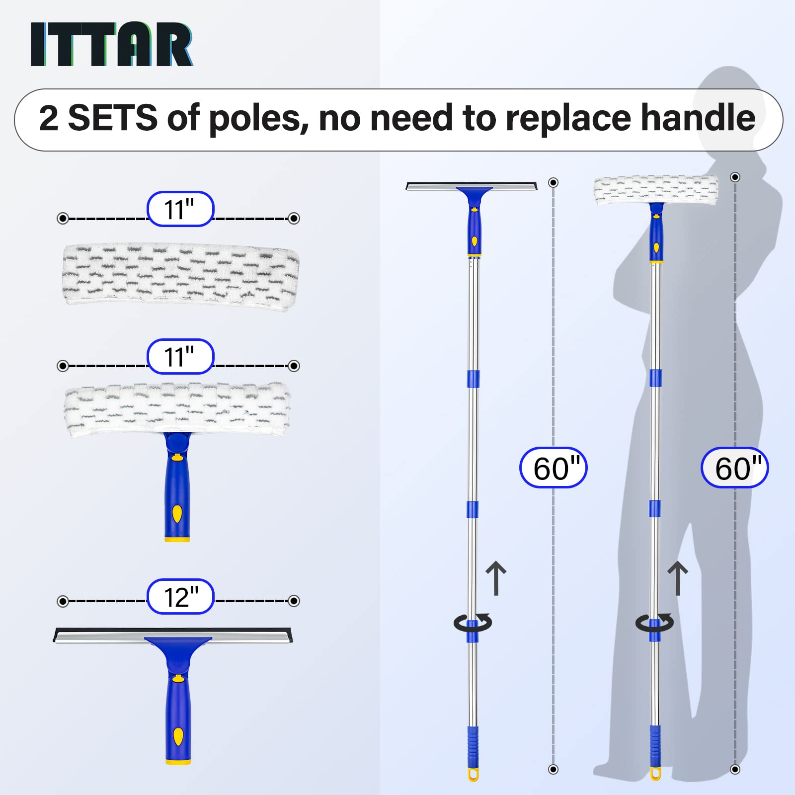 ITTAR Window Squeegee with 2 Sets Stainless Steel Pole, Squeegee Cleaning Tools with Microfiber Pads, 60"-72" Telescopic Window Washing Kit