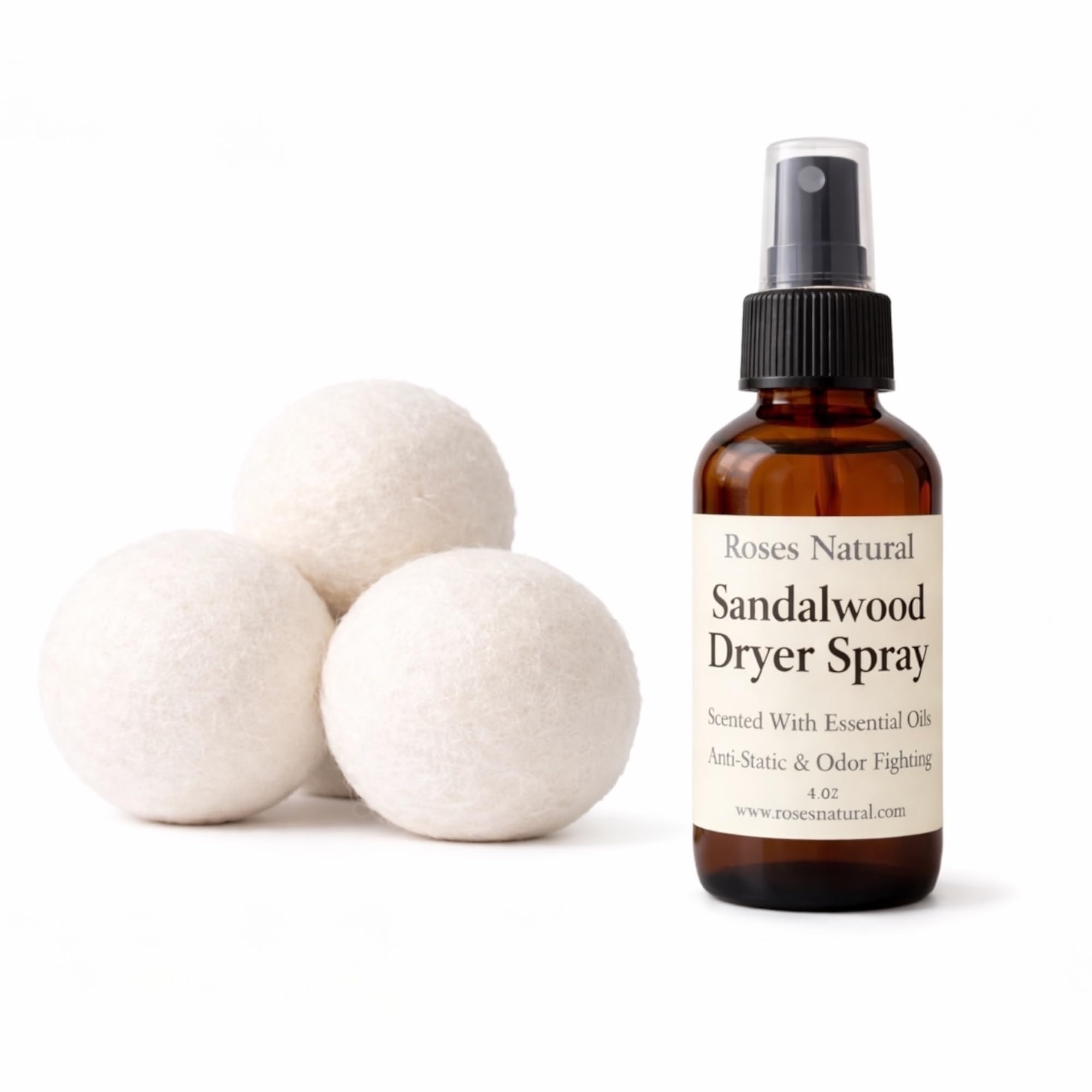 Roses Natural Wool Dryer Balls & Dryer Spray Bundle - 3 Reusable Dryer Balls + Plant-Based Essential Oil Dryer Spray, Natural Fabric Freshener