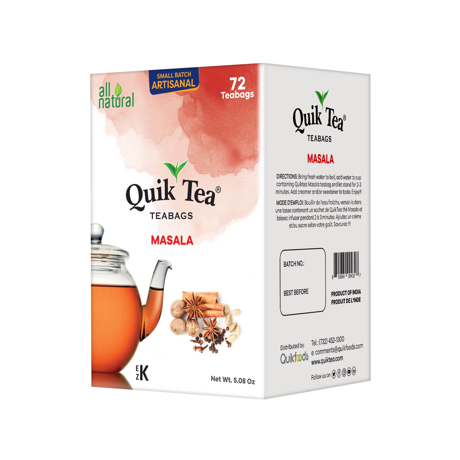 QuikTea Masala Tea Bags - 72 Count - Assam Tea Paired with Authentic Spice Extracts, All Natural, Preservative Free - Easy To Brew, Kosher