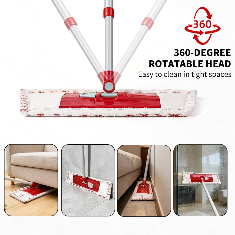 Microfiber Flat Mop for Floor Cleaning, 360° Rotating Hardwood Mop with 2 Reusable Washable Pads, Wet Dry Dust Mop with Coated Iron Handle, Lazy