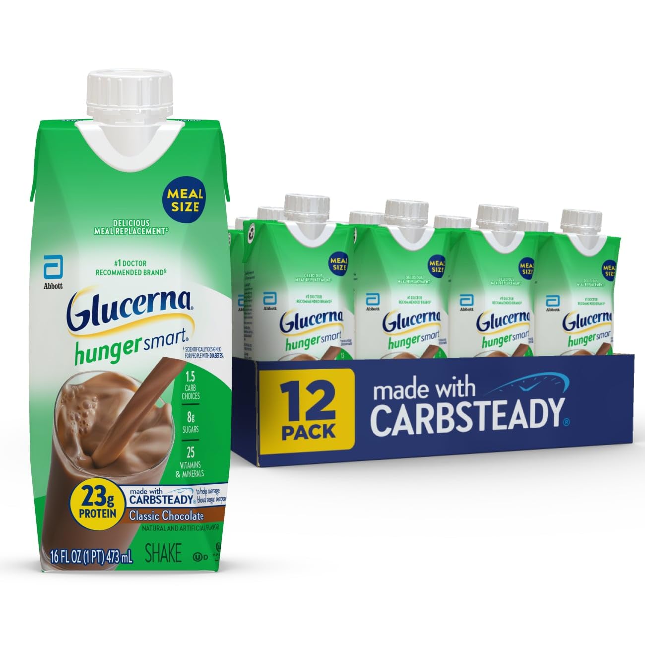 Glucerna Hunger Smart Meal Size Diabetes Care Shake, Classic Chocolate, Diabetic Meal Replacement to Support Blood Sugar Management, 23g Protein, 250