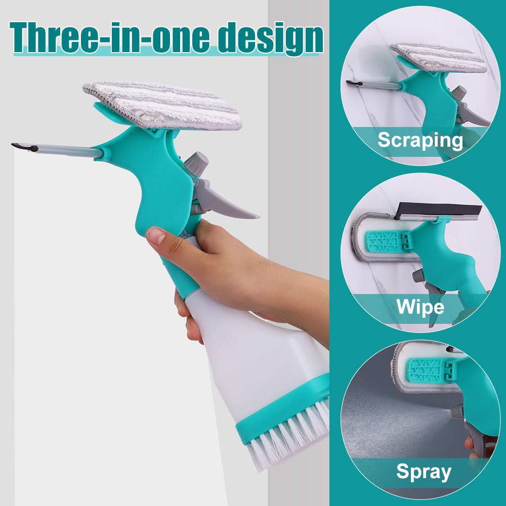 DONGKER 4 in 1 Window Cleaning Kit,Multifunction Window Cleaner Tool with Spray Bottle Squeegee & Microfiber Washer Head for Indoor Outdoor Glass