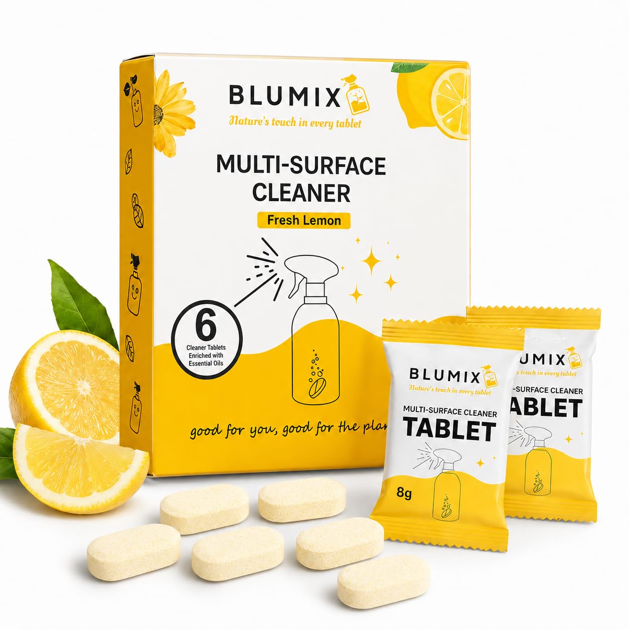 Blumix Multi-Surface Cleaner Refill Tablets - 6 Count | Fresh Lemon Scent | Eco-Friendly, Biodegradable, Plastic-Free Cleaning Refills for Spray