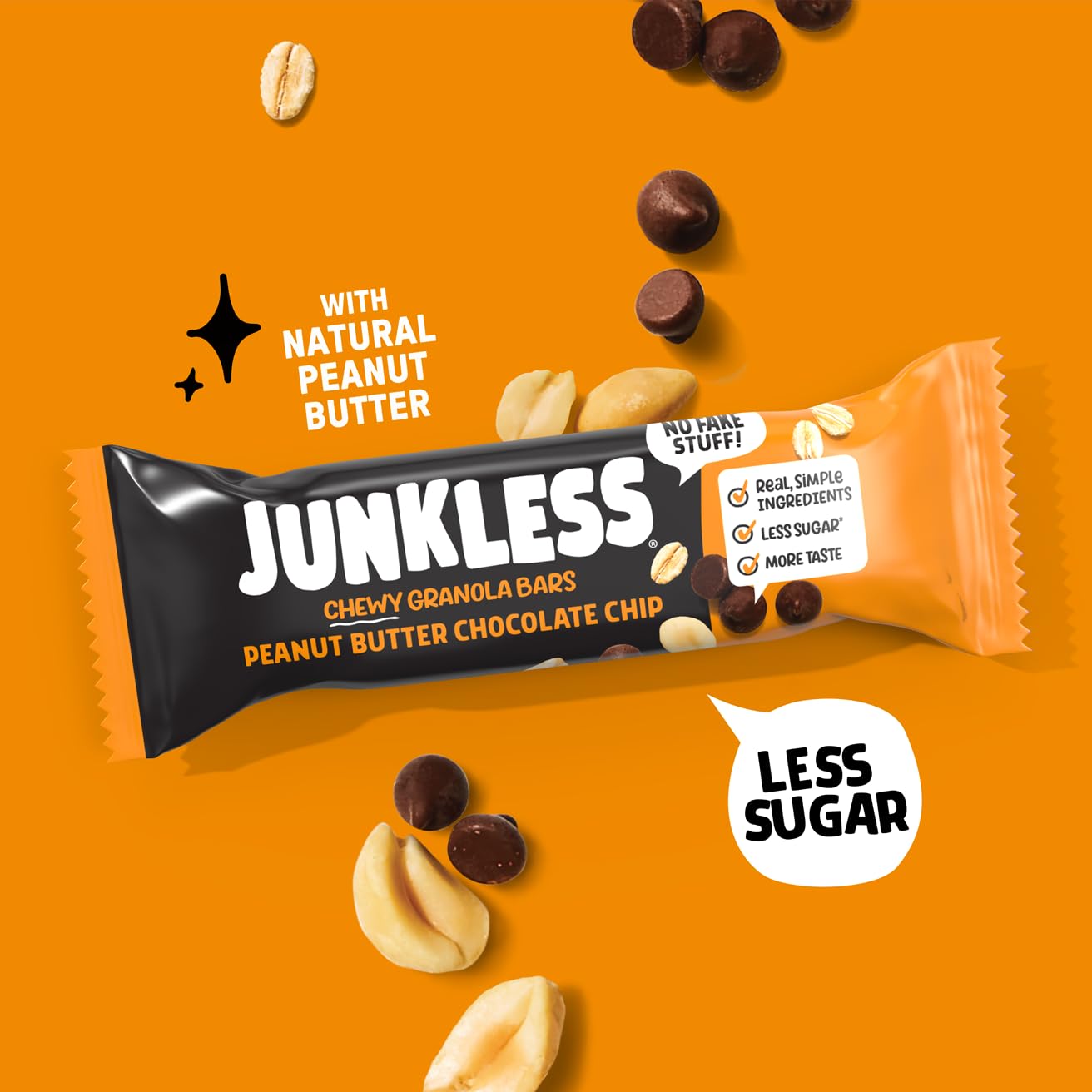 JUNKLESS Classic Chewy Granola Bars - Chocolate Chip and Peanut Butter Chocolate Chip, Gluten-Free, Non-GMO, Lower Sugar, Healthy Snacks for Kids