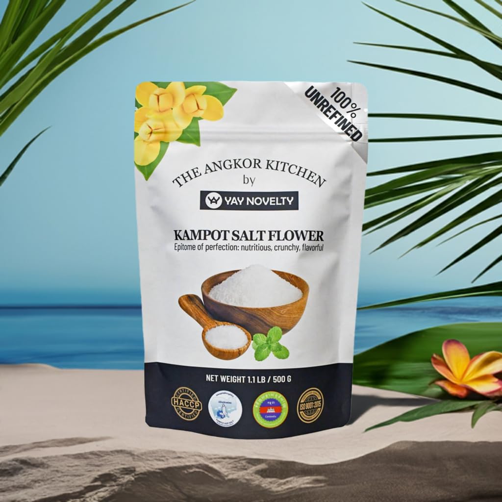 Kampot Sea Salt Flower/Fleur De Sel - Mineral-Rich Artisanal Sea Salt: Nutritious, Crunchy, and Flavorful - Hand-Harvested & Processed - 1.1 LB / 500g