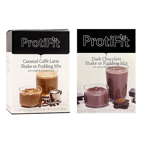 PROTIFIT - High Protein Caramel Caffe Latte & Dark Chocolate Pudding & Shake Mix 2 Pack, 15g Protein, Low Calorie, Low Fat, Low Carb, Aspartame Free