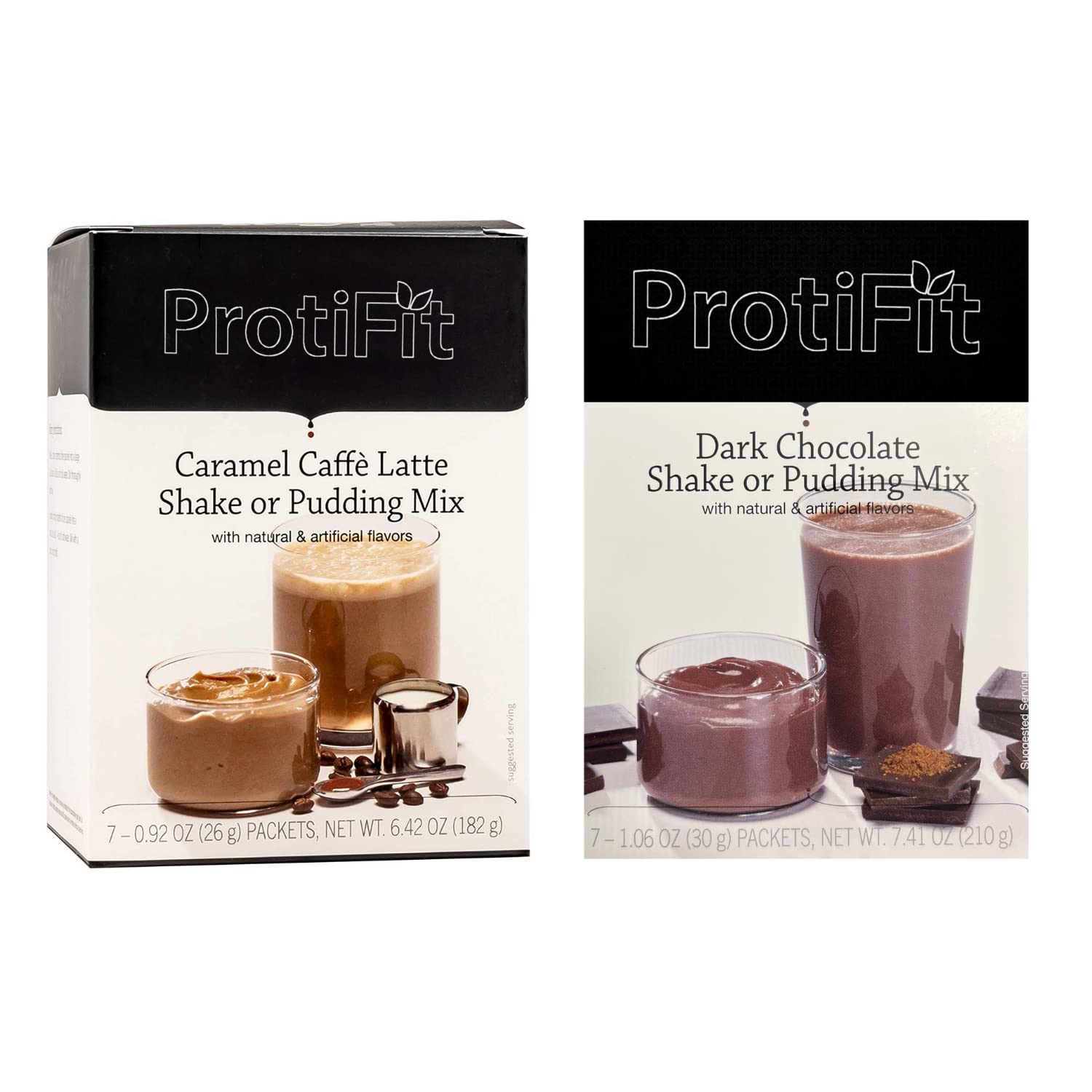 PROTIFIT - High Protein Caramel Caffe Latte & Dark Chocolate Pudding & Shake Mix 2 Pack, 15g Protein, Low Calorie, Low Fat, Low Carb, Aspartame Free