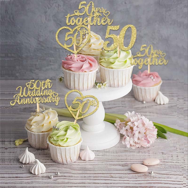 24Pcs 50th Wedding Anniversary Cupcake Toppers Gold Glitter 50th Golden Heart Cupcake Picks for Celebration 50 Golden Wedding Anniversary Party