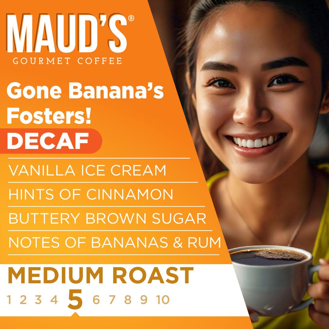 Maud's Decaf Banana Flavored Coffee Pods, 18 ct, Decaffeinated Medium Roast Flavored Coffee in Single Serve Pods - 100% Arabica Beans, Compatible