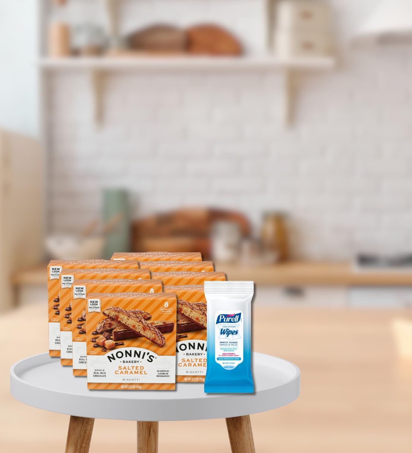 8x Nonnis Biscotti Salted Caramel 6.72 OZ Bundle with Hand Sanitizing Wipes - Crunchy Italian Biscotti with Caramel Flavor Plus Convenient Wipes