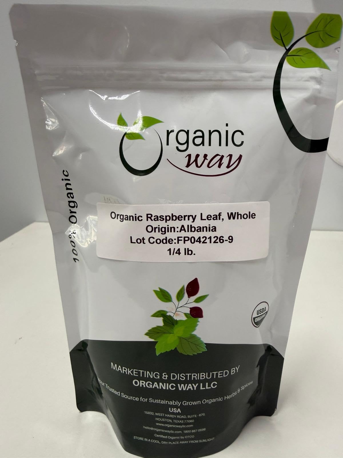 Organic Way Premium Dried Raspberry Leaf Whole (Rubus idaeus) - European Wild-Harvest | Organic & Kosher Certified | Raw, Vegan, Non GMO & Gluten Free