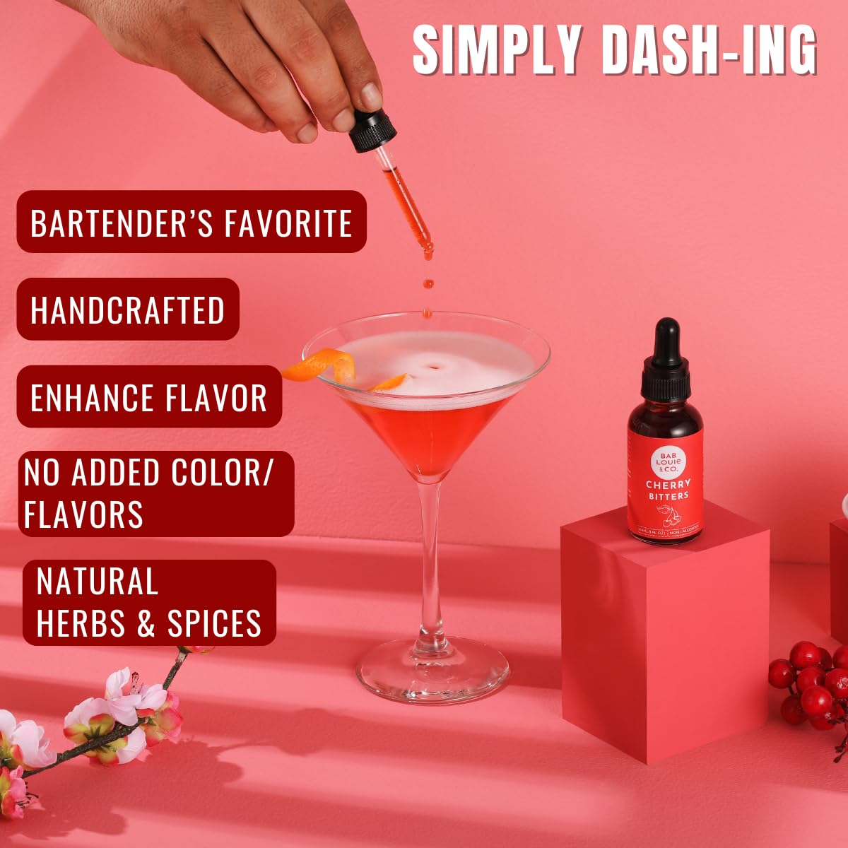 Bab Louie & Co. Cherry Bitters, Non Alcoholic Bitter for Cocktails Old Fashioned Mix (30ml/1 Fl. Oz) Bitters for Cocktails Whiskey Sour Mix, Mocktails