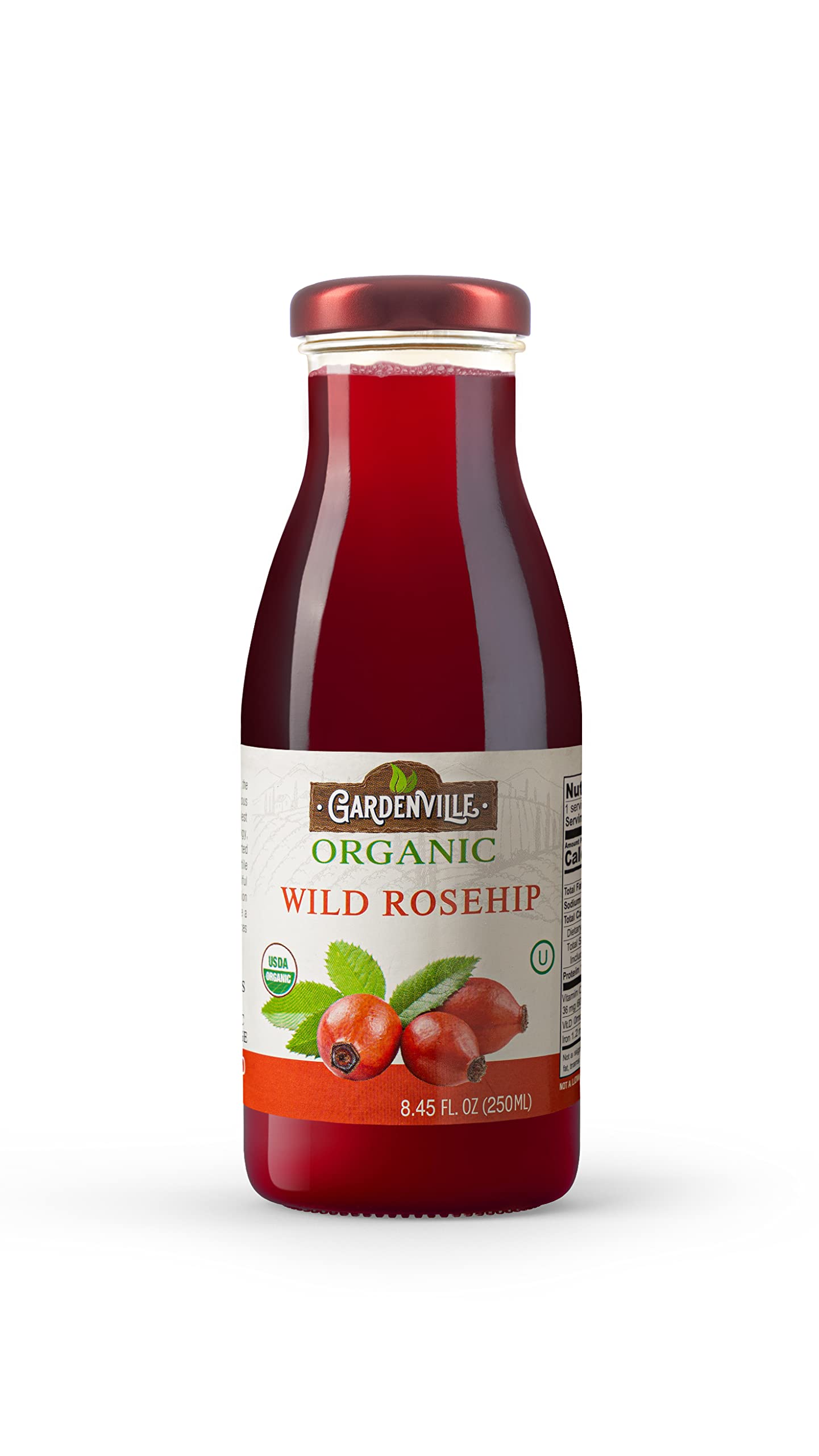 Gardenville Organic Roseship Juice (Pack of 12), USDA Organic, No Added Sugar, U Kosher Certified, Pasteurized, 8.4 oz Glass Bottles (Roseship)