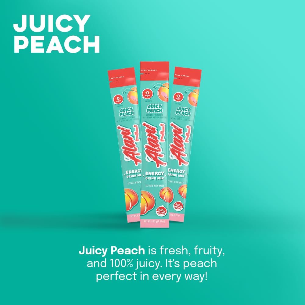 Alani Nu JUICY PEACH Energy Sticks | Energy Drink Powder | 200mg Caffeine | Pre Workout Performance with Antioxidants | On-The-Go Drink Mix | Biotin