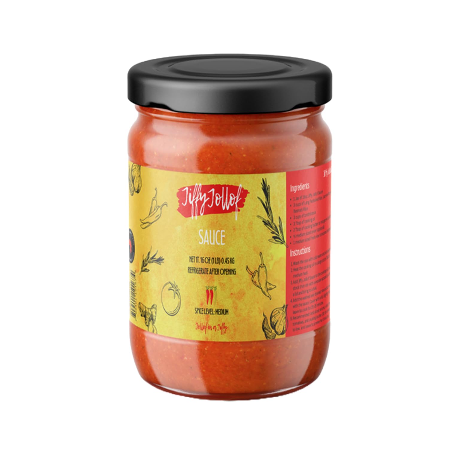 Jiffy Jollof Sauce, Authentic Nigerian Tomato Pepper Blend for One-Pot Meals, Spicy Pasta, Roasted Bell Pepper Stew, Hot Cooking Sauce, 16oz Food Jar