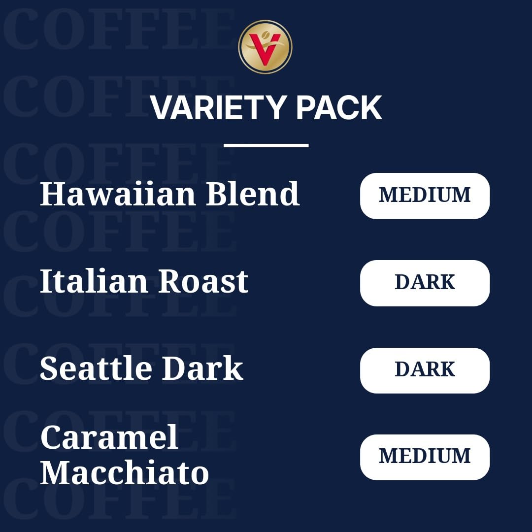 Victor Allen's Coffee Variety Pack (Hawaiian Blend, Italian Roast, Seattle Dark, Caramel Macchiato), 96 Count, Single Serve Coffee Pods for Keurig
