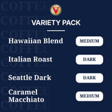 Victor Allen's Coffee Variety Pack (Hawaiian Blend, Italian Roast, Seattle Dark, Caramel Macchiato), 96 Count, Single Serve Coffee Pods for Keurig