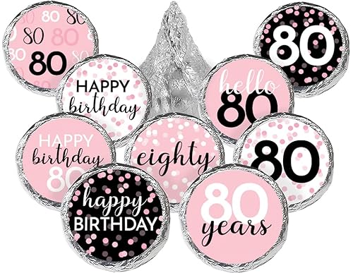 Pink 80th Birthday Party Favors Stickers, Chocolate Kisses Candy Labels for Guests - 180 Count