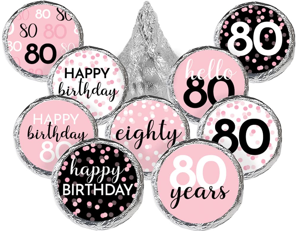 Pink 80th Birthday Party Favors Stickers, Chocolate Kisses Candy Labels for Guests - 180 Count