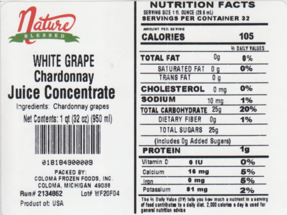 Nature Blessed 100% Chardonnay White Grape Fruit Juice Concentrate - 2 Quarts (2/32 fl oz bottles), Applications: Home Wine Making, Home Brewing
