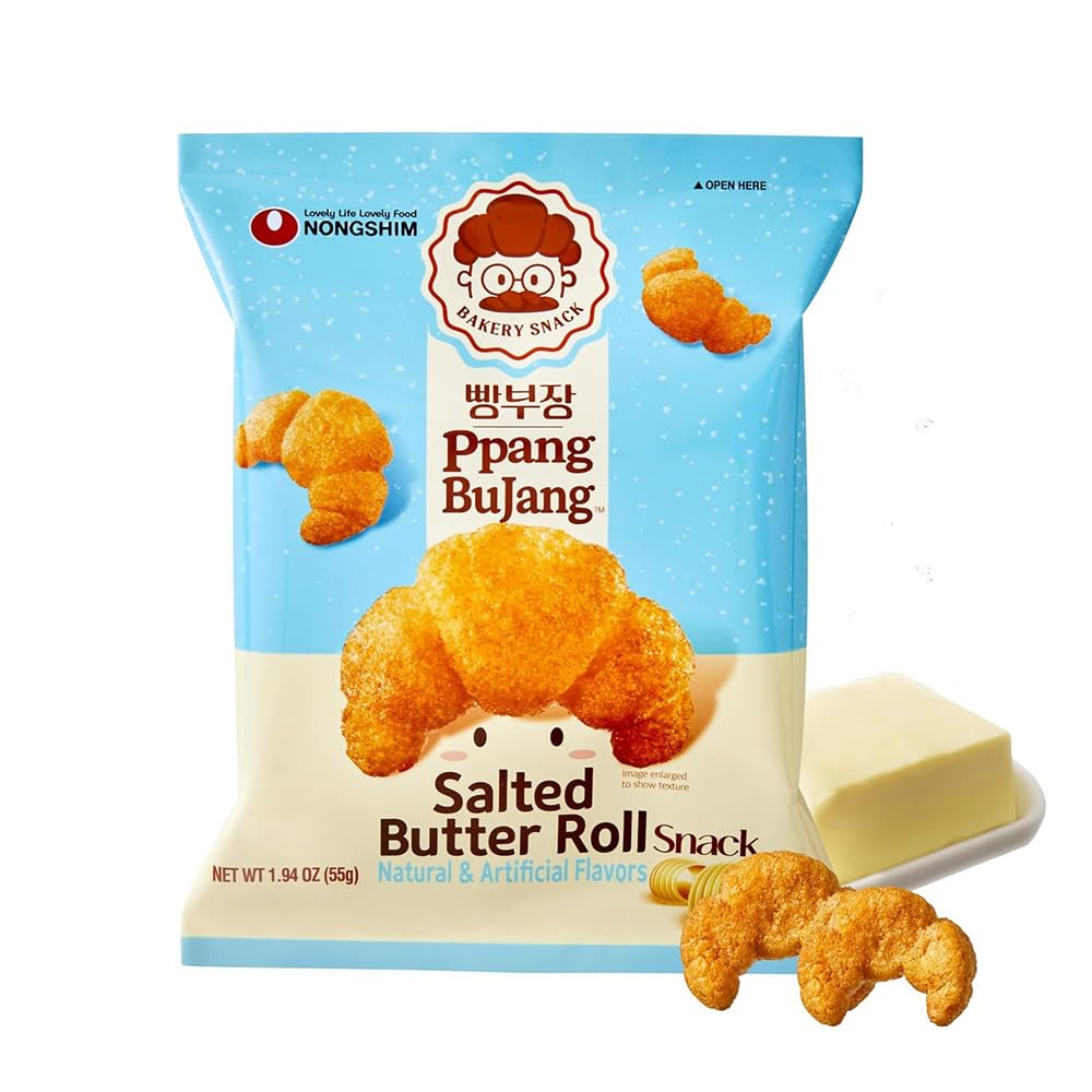 Nongshim Ppang Bujang Salted Butter Roll Snack - Savory and Salty Baked Good with Salted Butter, Croissant Shaped, Soft and Crunchy Korean Snack, 1.94