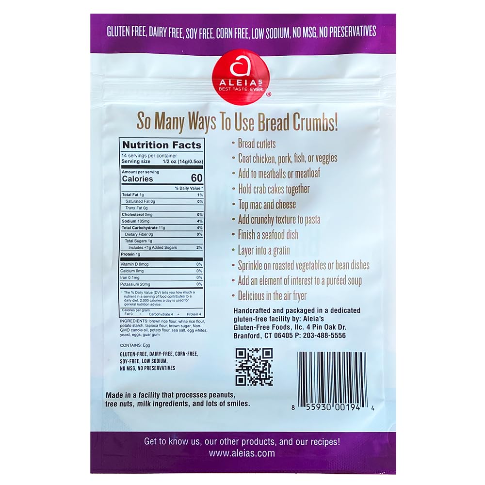 Aleia’s Gluten Free Plain Bread Crumbs - 7 oz (1 Pack) - Classic Gluten Free Breading - Dairy Free, Kosher, Low Sodium, Non-GMO