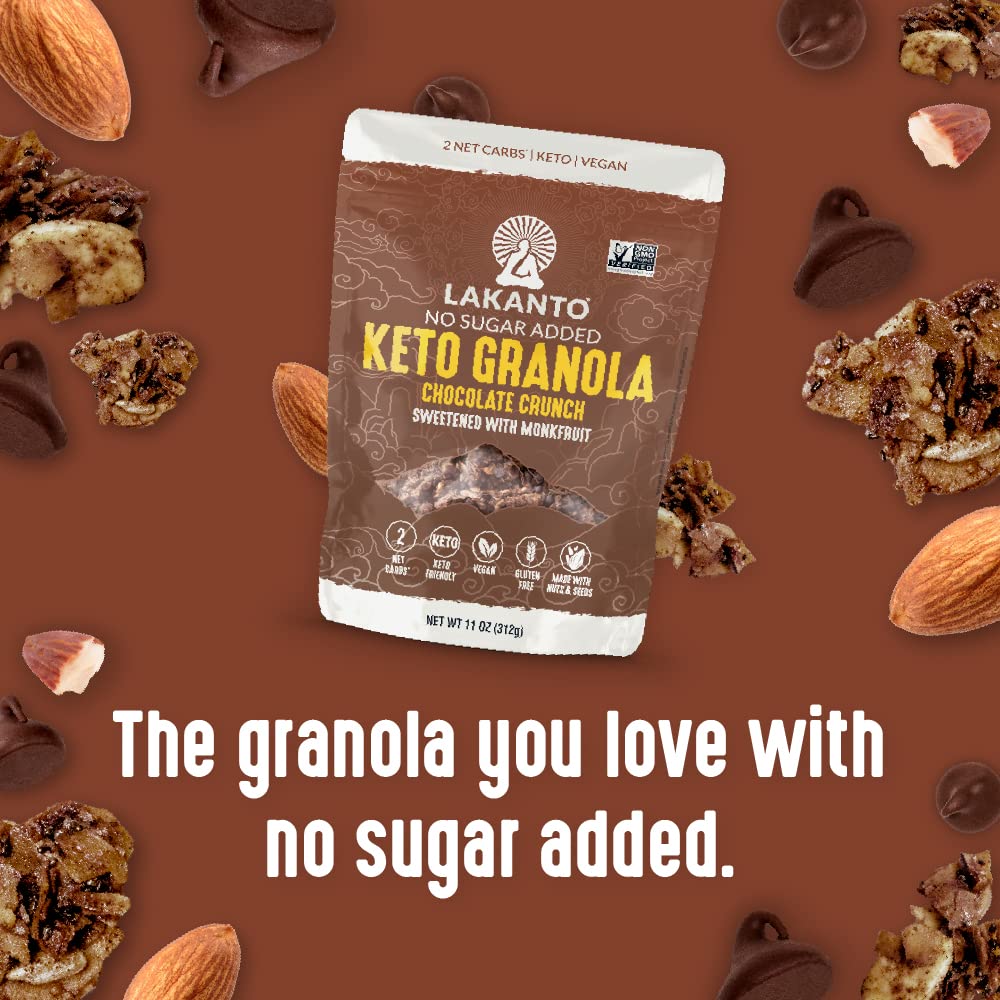 Lakanto Chocolate Crunch Granola - Delicious Snack, Quick Breakfast Cereal, Keto Friendly, Monk Fruit Sweetener, No Sugar Added, Vegan, Gluten Free