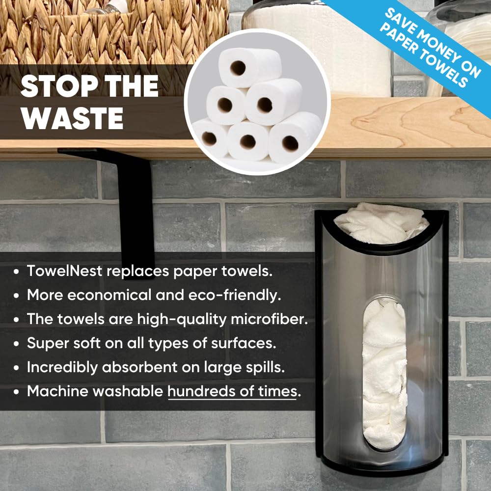 TowelNest Microfiber Cloth Dispenser | 15 Reusable Cloths (Black) | Eco-Friendly Paper Towel Alternative | Absorbent & Washable | Wall/Cabinet Mount